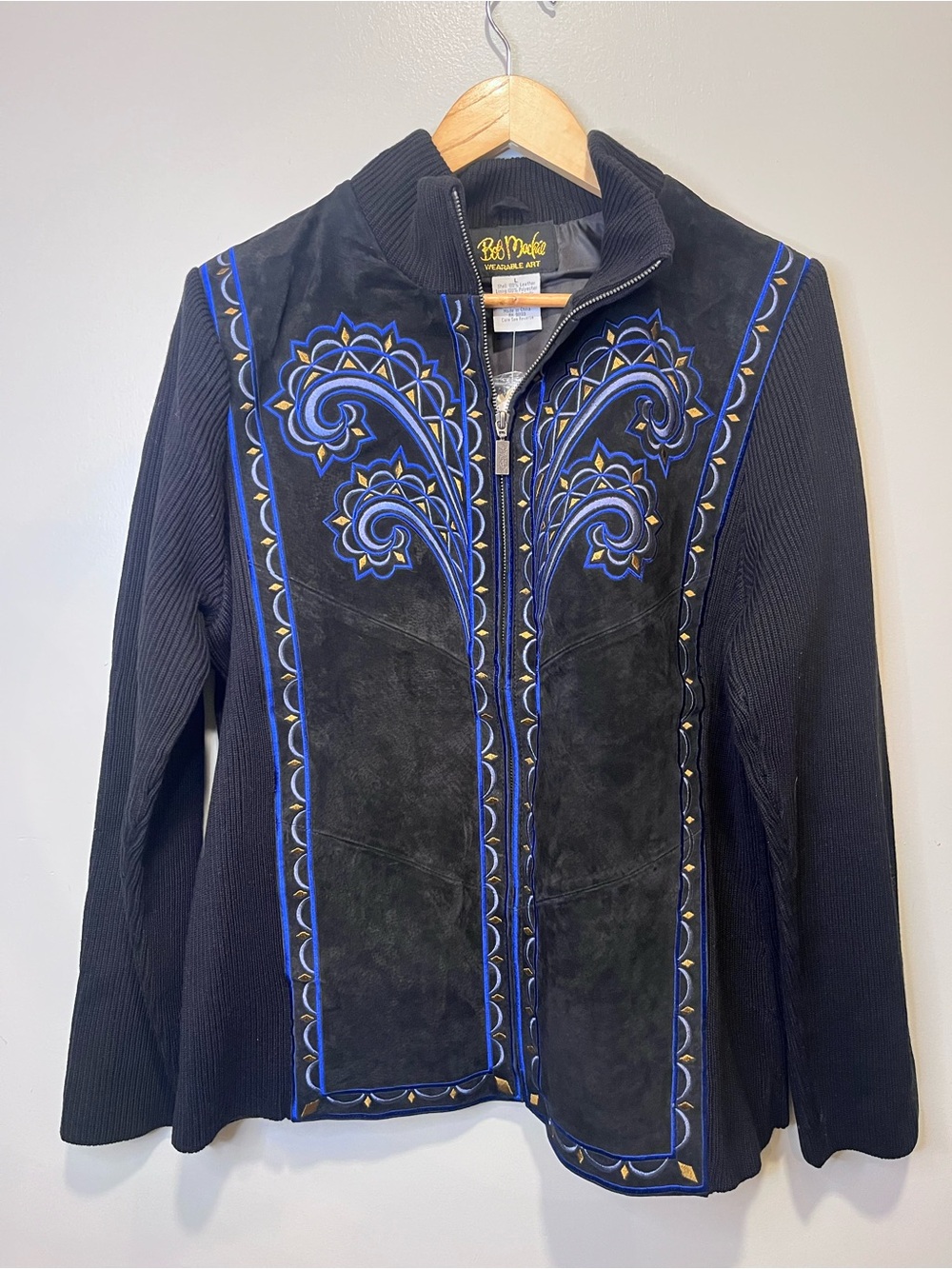 Bob Mackie NTW Black Leather & Knit Jacket with Blue Embroidery